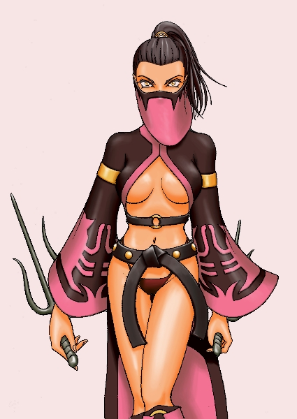 greif, guraifu, mileena (mortal kombat), mortal kombat (series), 1girl, belt, breasts, female focus, midriff, navel, ponytail, sai (weapon), solo, underboob, weapon