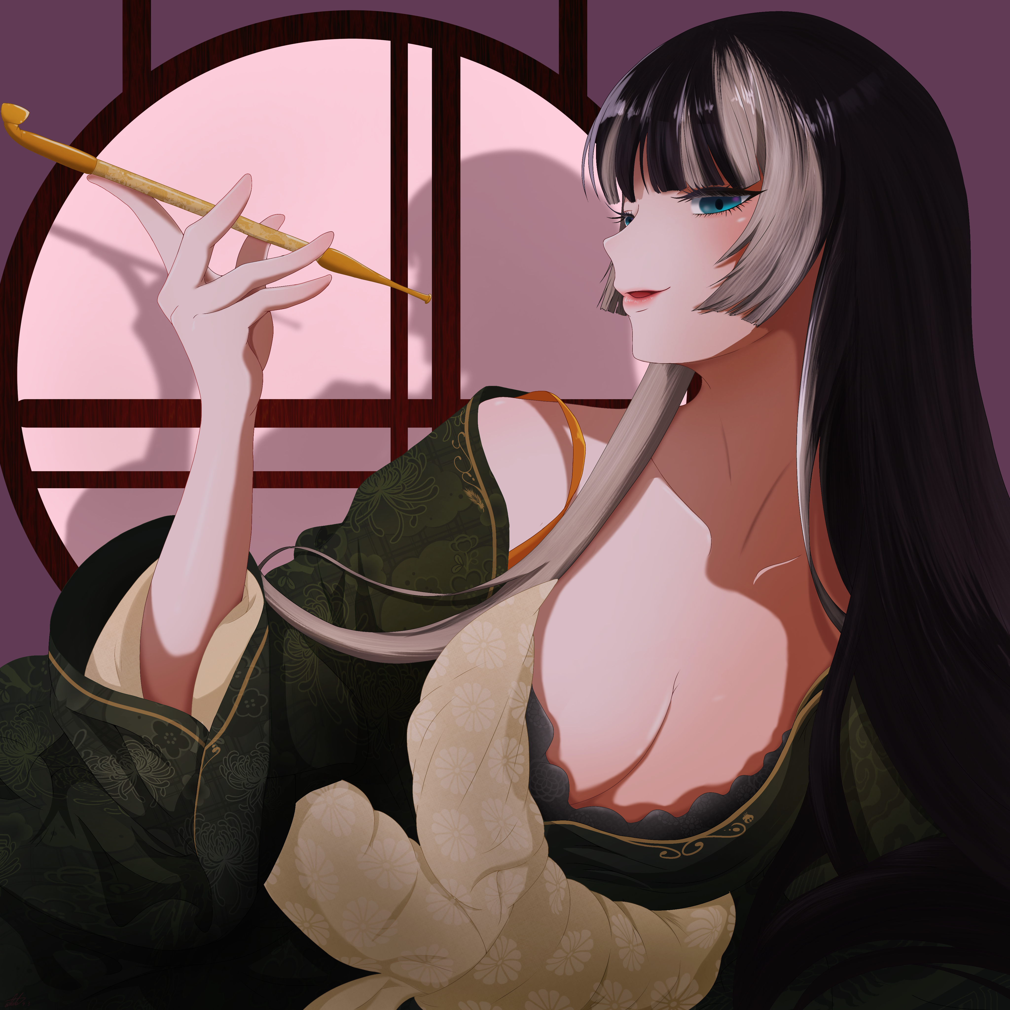 kuroiaruto, juufuutei raden, hololive, hololive dev is, absurdres, commentary request, highres, ibispaint (medium), 1girl, black hair, blue eyes, breasts, cleavage, dress, green dress, holding, holding smoking pipe, kiseru, lying, multicolored hair, on side, shadow, smoking pipe, solo, streaked hair, two-tone hair, virtual youtuber, white hair