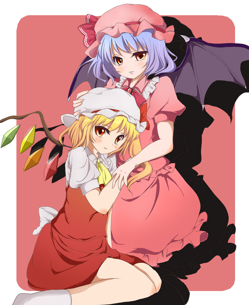 pan futoshi, flandre scarlet, remilia scarlet, touhou, bad id, bad pixiv id, 2girls, blonde hair, blue hair, female focus, hat, mob cap, multiple girls, ribbon, short hair, siblings, sisters, wings