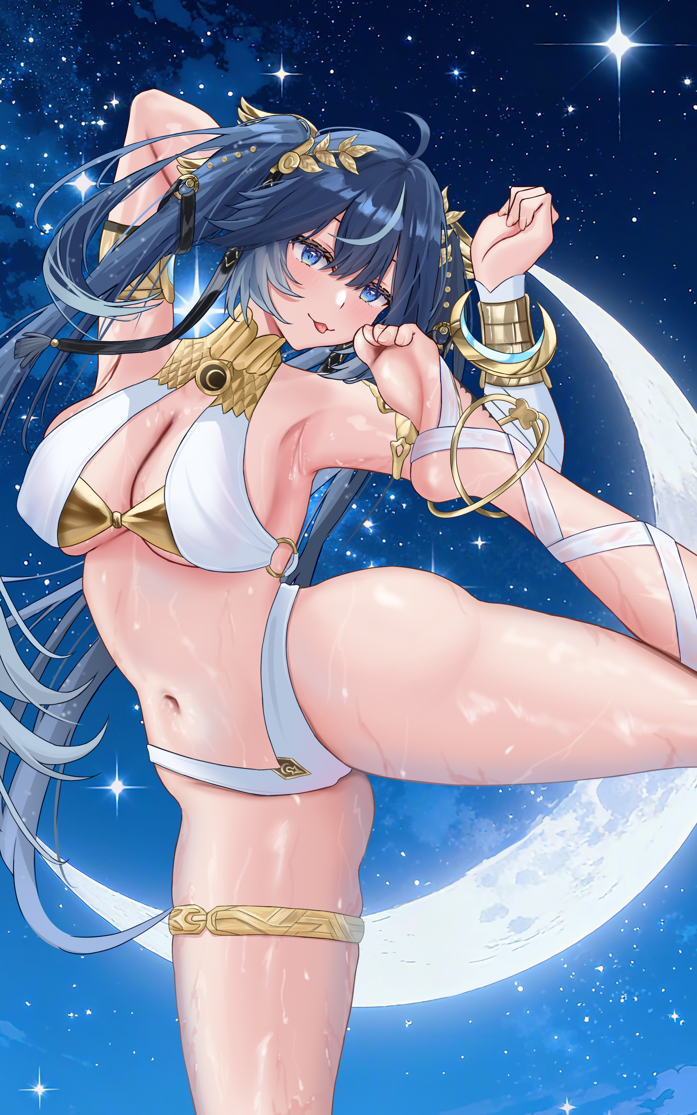 kamoe, iuno (wuthering waves), wuthering waves, absurdres, commentary request, highres, 1girl, :p, ahoge, armlet, arms up, bare shoulders, barefoot, blue eyes, blue hair, breasts, cleavage, collarbone, crescent, feet, gold bra, gradient hair, hair belt, jewelry, laurel crown, leg wrap, long hair, looking at viewer, medium breasts, multicolored hair, navel, revealing clothes, soles, solo, stomach, streaked hair, sweat, tacet mark (wuthering waves), thighlet, thighs, toes, tongue, tongue out, twintails, vambraces, very long hair