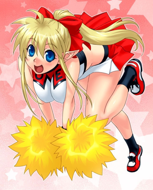 kengou, chia hagemasky, original, non-web source, 1girl, blonde hair, blue eyes, breasts, breasts squeezed together, cheerleader, female focus, large breasts, long hair, pointy ears, pom pom (cheerleading), ponytail, solo