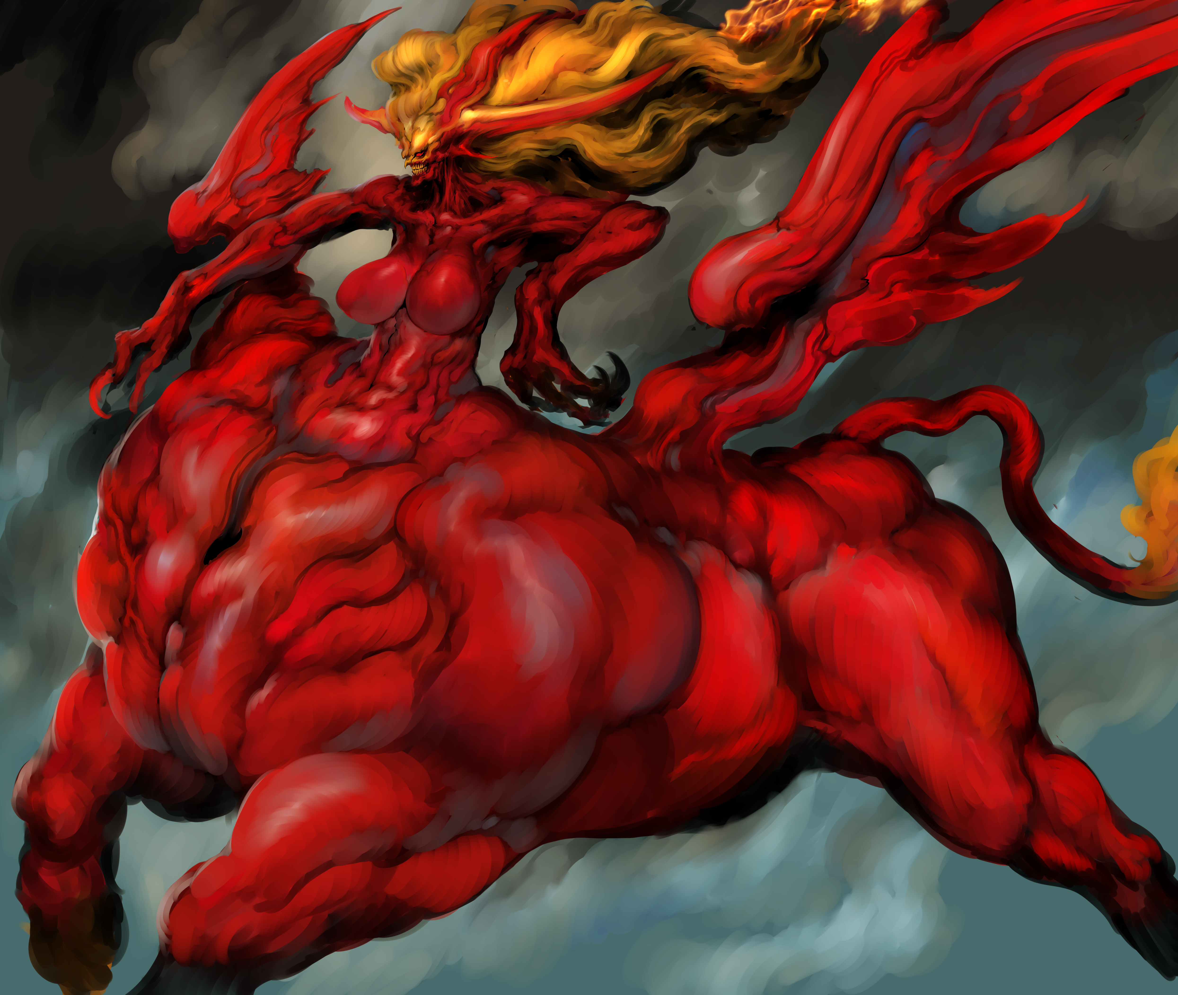 witnesstheabsurd, abdiel (megami tensei), shin megami tensei, shin megami tensei v, absurdres, highres, breasts, colored skin, demon girl, floating hair, grin, horns, large breasts, long hair, long horns, red eyes, red skin, smile, solo, taur, very long hair, wings