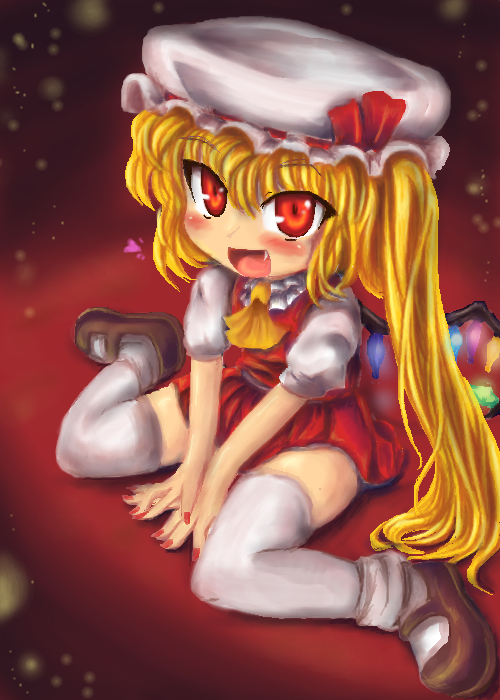 flandre scarlet, touhou, resolution mismatch, source smaller, 1girl, blonde hair, fang, female focus, gradient background, hat, mob cap, oekaki, ponytail, ribbon, sitting, socks, solo