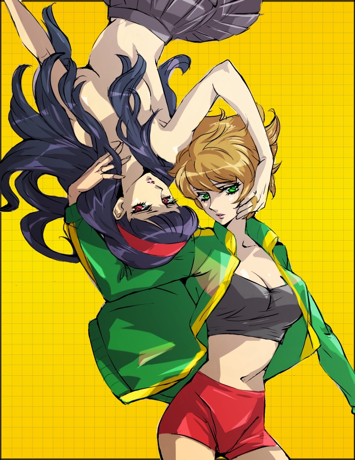 yamada 3, amagi yukiko, himemiya anthy, satonaka chie, tenjou utena, atlus, persona, persona 4, shoujo kakumei utena, 2girls, bike shorts, black hair, brown hair, censored, convenient censoring, cosplay, green eyes, hair censor, hair over breasts, hairband, headband, himemiya anthy (cosplay), jacket, long hair, midriff, multiple girls, parody, red eyes, rotational symmetry, short hair, skirt, spandex, strapless, tenjou utena (cosplay), topless female, tube top, yuri