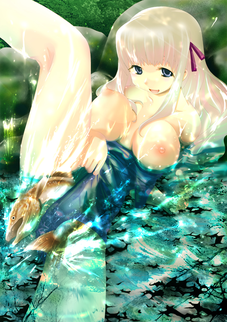 seguchi takahiro, original, blonde hair, blue eyes, breasts, clothes pull, fish, hair ribbon, large breasts, long hair, lying, nipples, one-piece swimsuit, one-piece swimsuit pull, ribbon, school swimsuit, solo, spread legs, swimsuit, water