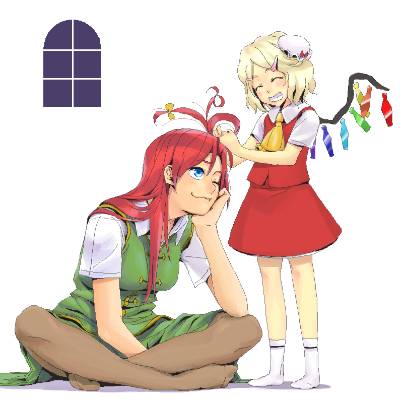 honmaguro, shintaro (pixiv), flandre scarlet, hong meiling, embodiment of scarlet devil, touhou, 2girls, ^ ^, alternate headwear, antenna hair, blonde hair, blue eyes, closed eyes, collared shirt, female focus, hair ribbon, head rest, long hair, multiple girls, no headwear, oekaki, one eye closed, pantyhose, red hair, ribbon, shirt, short hair, sitting, smile, socks, white background, window, wings, wink