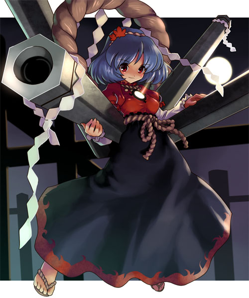 katahira masashi, yasaka kanako, touhou, 1girl, blue hair, female focus, full body, hair ornament, leaf hair ornament, red eyes, solo