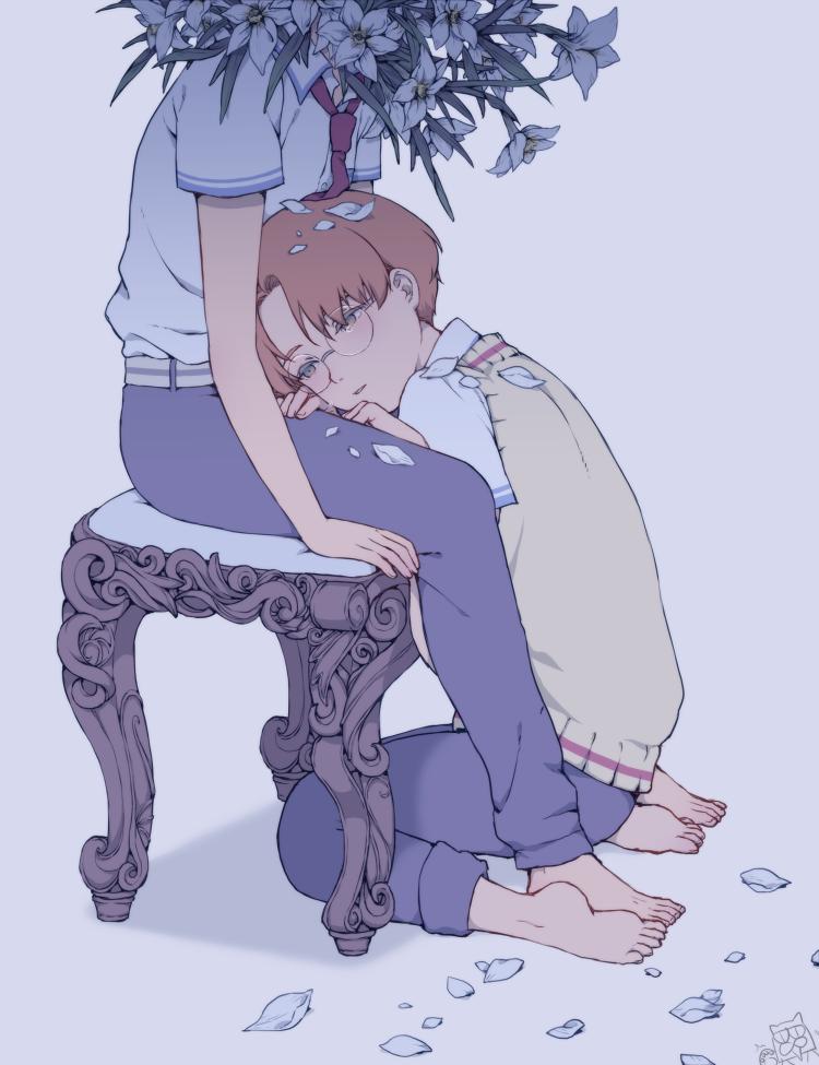 andressina, jinnai enta, yasaka kazuki, sarazanmai, white lily, 2boys, barefoot, brown hair, flower, kneeling, lap pillow, male focus, multiple boys, necktie, object head, pants, parted lips, petals, red necktie, round eyewear, shirt, short hair, sitting, stool, white flower, white shirt