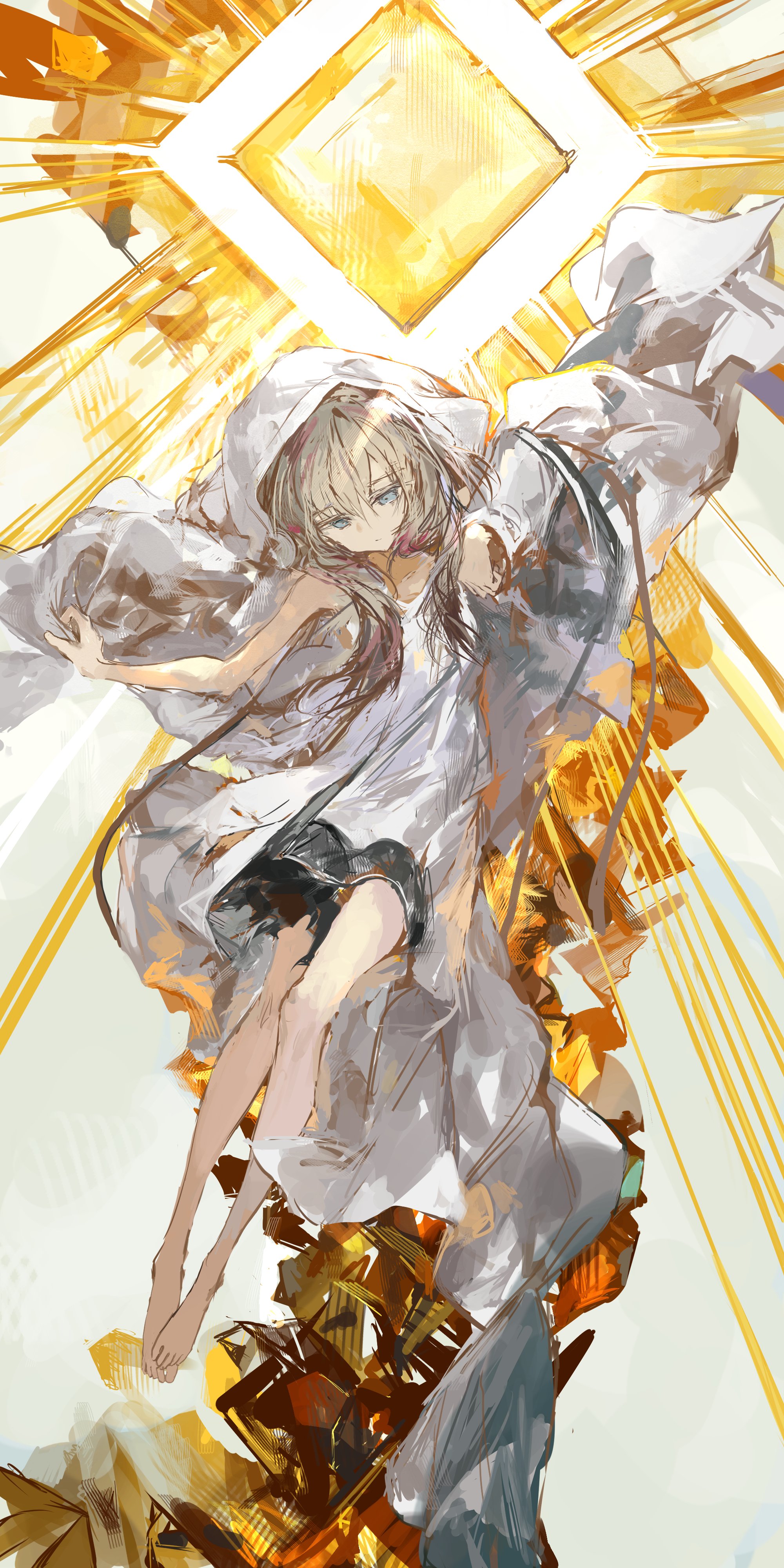 ichika (ichika87), hierda (arknights), arknights, absurdres, highres, 1girl, abstract, abstract background, barefoot, black skirt, blank eyes, blue eyes, brown hair, crystal, diamond (shape), dress, expressionless, floating, full body, hair between eyes, hood, legs, light trail, long dress, long hair, multicolored hair, no shoes, no socks, off shoulder, originium (arknights), petite, rabbit ears, rabbit girl, red hair, sidelocks, skinny, skirt, solo, torn clothes, two-tone hair, white background, white dress, yellow background