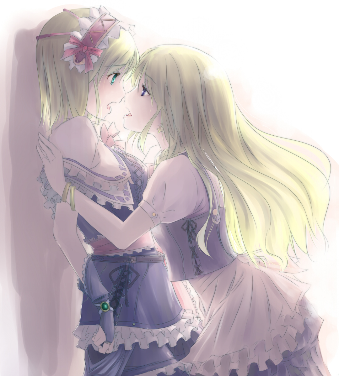 gustav (telomere na), alice margatroid, kirisame marisa, touhou, bad id, bad pixiv id, highres, 2girls, adapted costume, against wall, aqua eyes, blonde hair, blue eyes, bow, bowtie, bracelet, bridal gauntlets, capelet, earrings, eye contact, female focus, gem, green eyes, hairband, imminent kiss, jewelry, lens flare, long hair, looking at another, multiple girls, no headwear, noses touching, open mouth, purple eyes, ribbon, short hair, shy, surprised, yuri