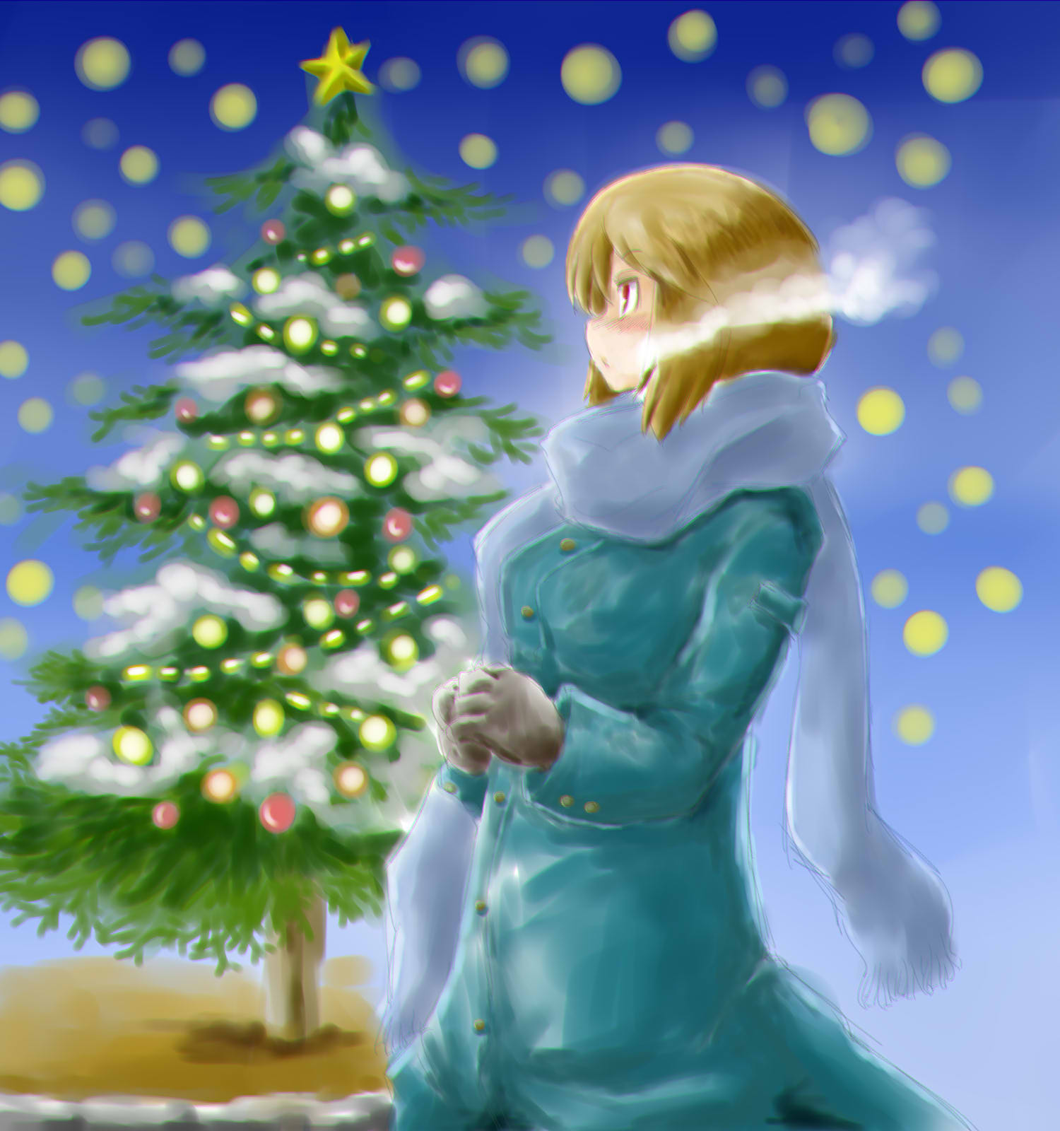 itini-sanshi, souseiseki, rozen maiden, commentary request, highres, 1girl, alternate costume, blue background, blue coat, blue scarf, blush, breath, brown hair, buttons, christmas, christmas tree, coat, cowboy shot, gloves, grey gloves, long sleeves, red eyes, scarf, short hair, snow, solo, tree, winter, winter clothes