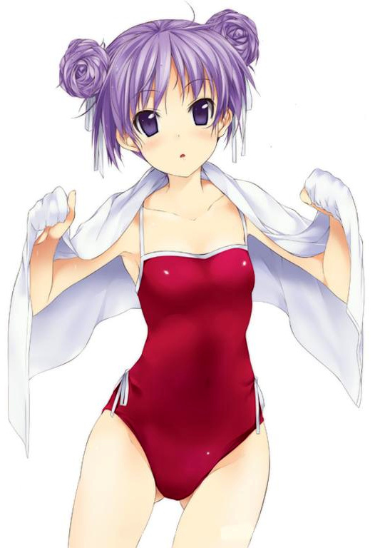 mizuki makoto, hiiragi kagami, lucky star, non-web source, 00s, alternate hairstyle, double bun, one-piece swimsuit, purple eyes, purple hair, solo, swimsuit, towel