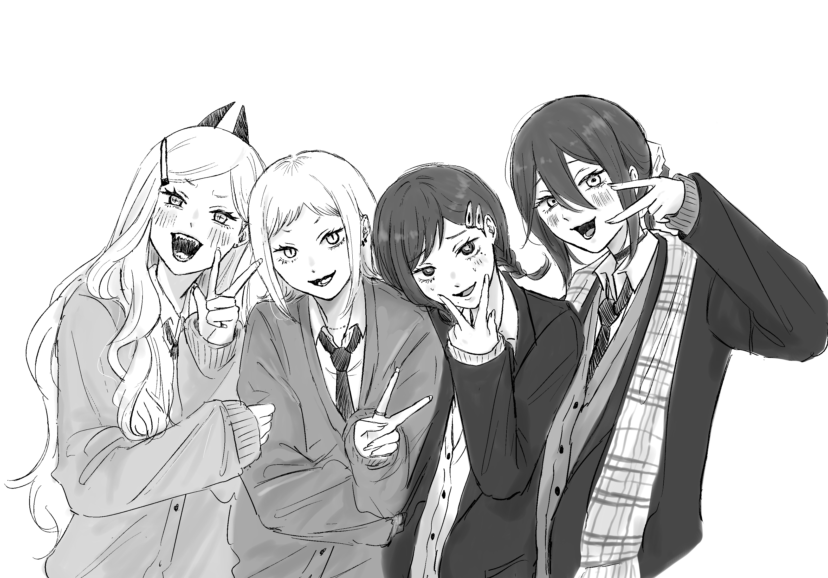 iing naoe, higashiyama kobeni, power (chainsaw man), reze (chainsaw man), sawatari akane (chainsaw man), chainsaw man, commentary request, highres, 4girls, alternate costume, blush, braid, cardigan, cross-shaped pupils, demon horns, double-parted bangs, fingernails, greyscale, gyaru, hair between eyes, horns, kogal, long sleeves, looking at viewer, mole, mole under eye, monochrome, multiple girls, necktie, plaid clothes, plaid scarf, scarf, school uniform, simple background, smile, straight hair, symbol-shaped pupils, twin braids, upper body, v, v over mouth, w, white background