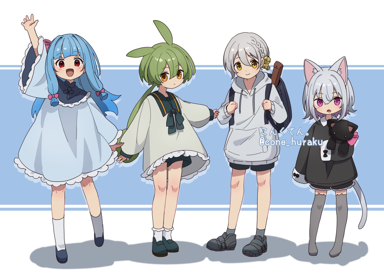 corn kuten, iori yuzuru, kotonoha aoi, sayo (voicevox), zundamon, voiceroid, voicevox, commentary request, 4girls, :d, animal ear fluff, animal ears, arm up, artist name, backpack, bag, black dress, blue background, blue dress, blue hair, blue shoes, blunt bangs, boots, bow, bowtie, cat ears, cat girl, cat tail, closed mouth, drawstring, dress, frilled dress, frilled sleeves, frills, full body, green bow, green bowtie, green hair, green shoes, grey boots, grey hair, grey socks, hair between eyes, holding strap, hood, hood down, hoodie, long hair, long sleeves, looking at viewer, multiple girls, open mouth, outstretched arm, pink eyes, red eyes, shoes, short hair, smile, socks, standing, stuffed animal, stuffed cat, stuffed toy, tail, thigh boots, twitter username, white hoodie, white socks, yellow eyes