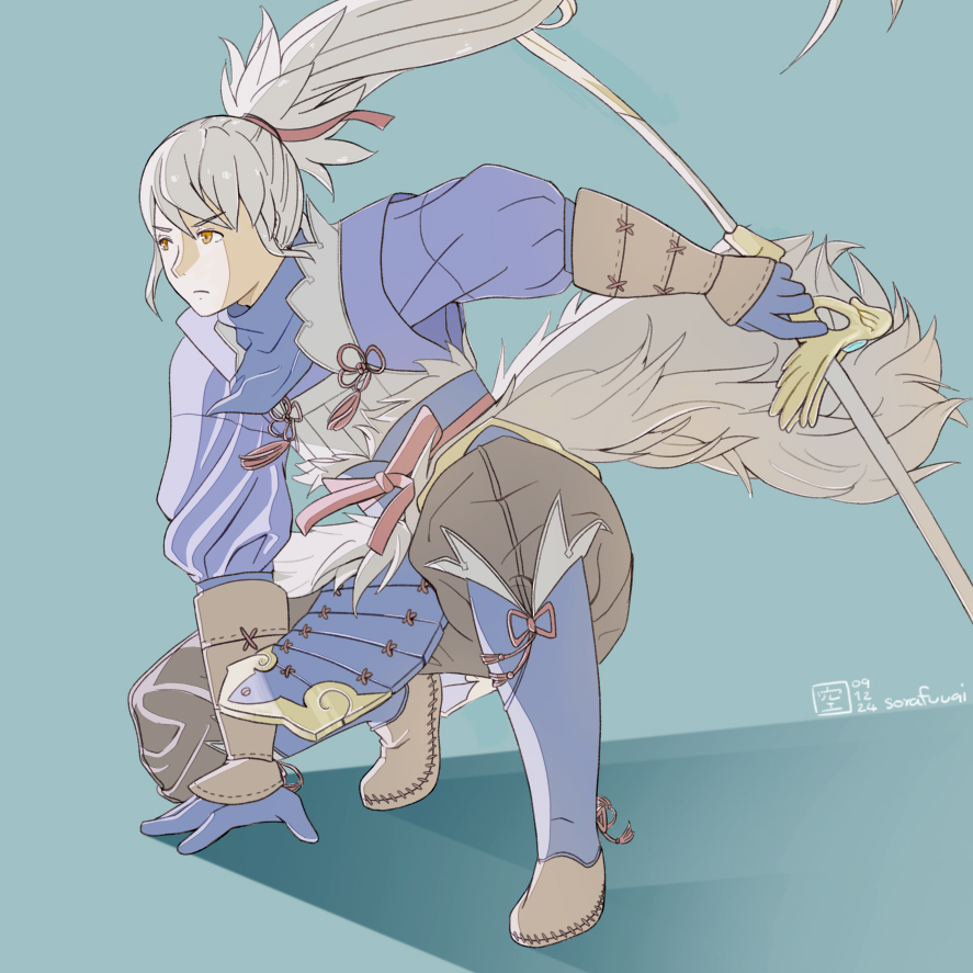 sorafuuai, takumi (fire emblem), fire emblem, fire emblem fates, nintendo, 1boy, bow (weapon), fujin yumi (fire emblem), grey hair, holding, holding bow (weapon), holding weapon, japanese clothes, long hair, male focus, ponytail, solo, weapon