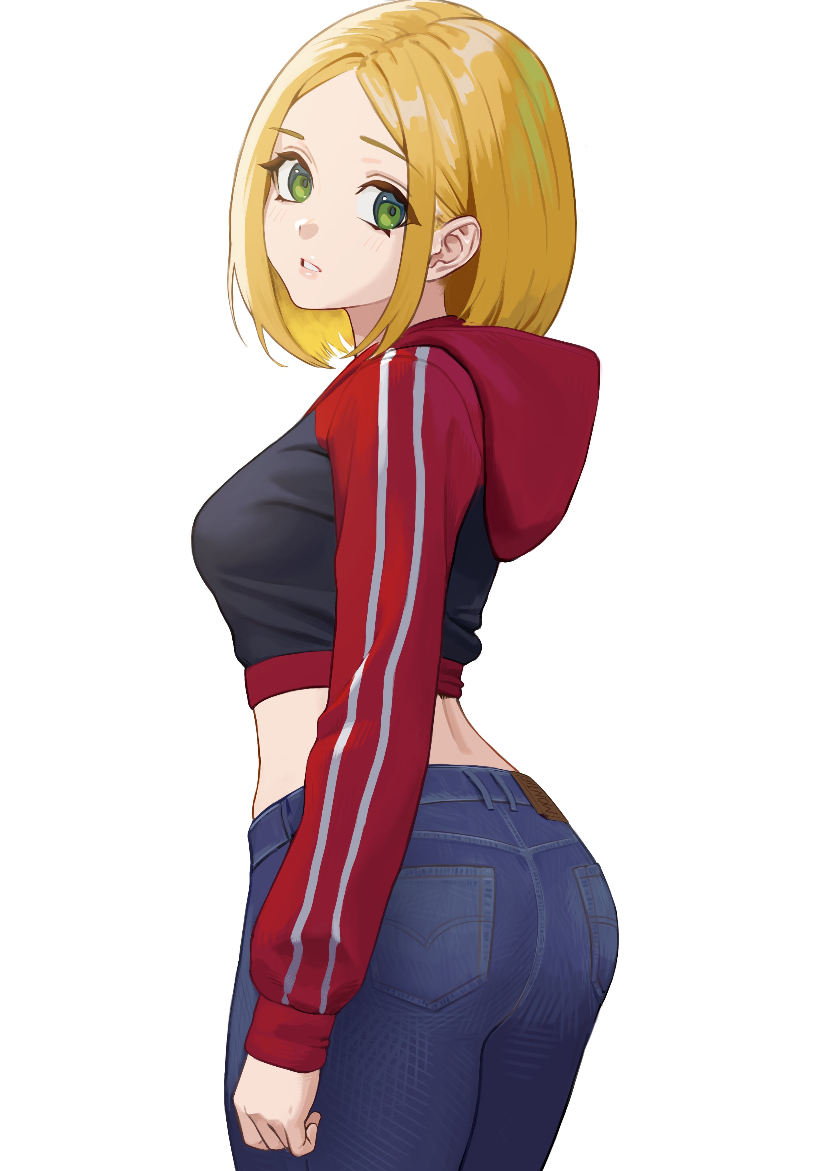 carlo montie, original, absurdres, commentary, highres, 1girl, ass, blonde hair, breasts, cowboy shot, cropped hoodie, denim, from side, green eyes, hood, hood down, hoodie, jeans, long sleeves, looking at viewer, medium breasts, midriff, pants, parted lips, red hood, red sleeves, short hair, simple background, solo, white background