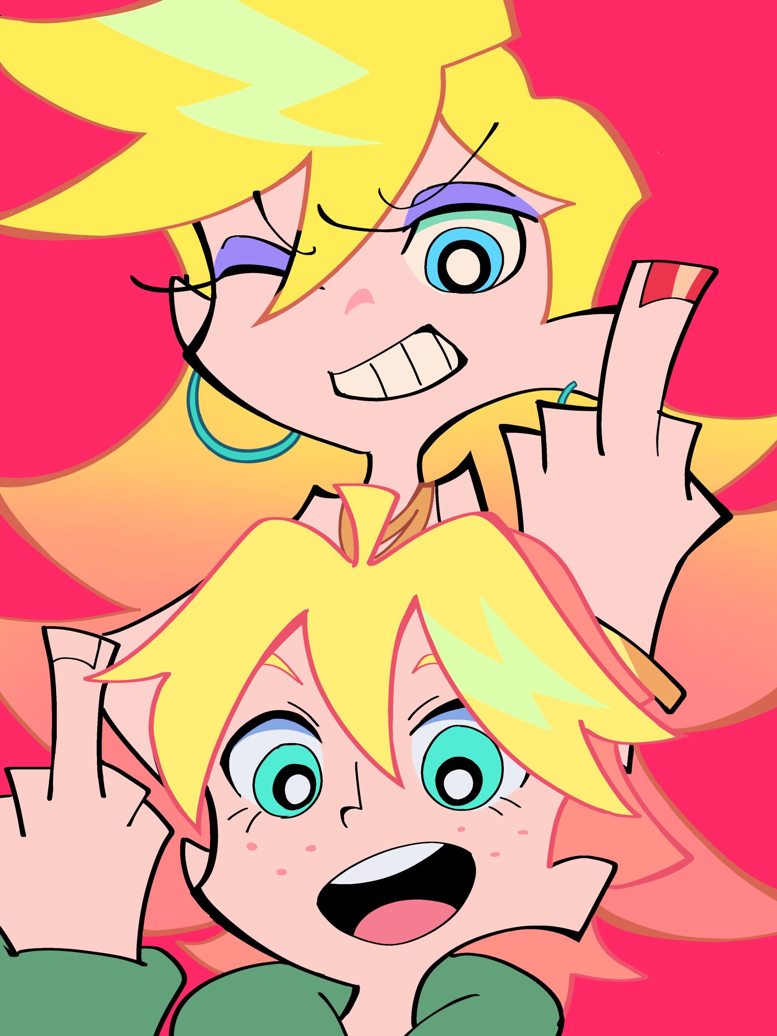 twtm03520020, panty (psg), panty & stocking with garterbelt, highres, 1boy, 1girl, blonde hair, blue eyes, earrings, eyeshadow, freckles, hair between eyes, jewelry, junior (psg), long hair, makeup, middle finger, one eye closed, open mouth, purple eyeshadow, red background, simple background, teeth, upper teeth only