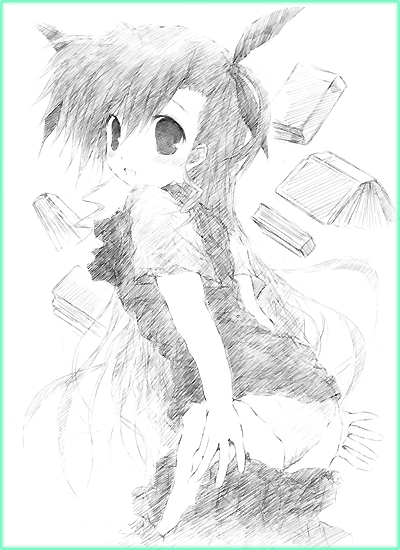 yamabuki merou, vivio, lyrical nanoha, mahou shoujo lyrical nanoha, mahou shoujo lyrical nanoha strikers, 00s, 1girl, ass, book, clothes pull, female focus, greyscale, hair ribbon, long hair, looking back, monochrome, panties, ribbon, school uniform, serafuku, short twintails, sketch, skirt, skirt pull, solo, twintails, two side up, underwear, undressing, very long hair
