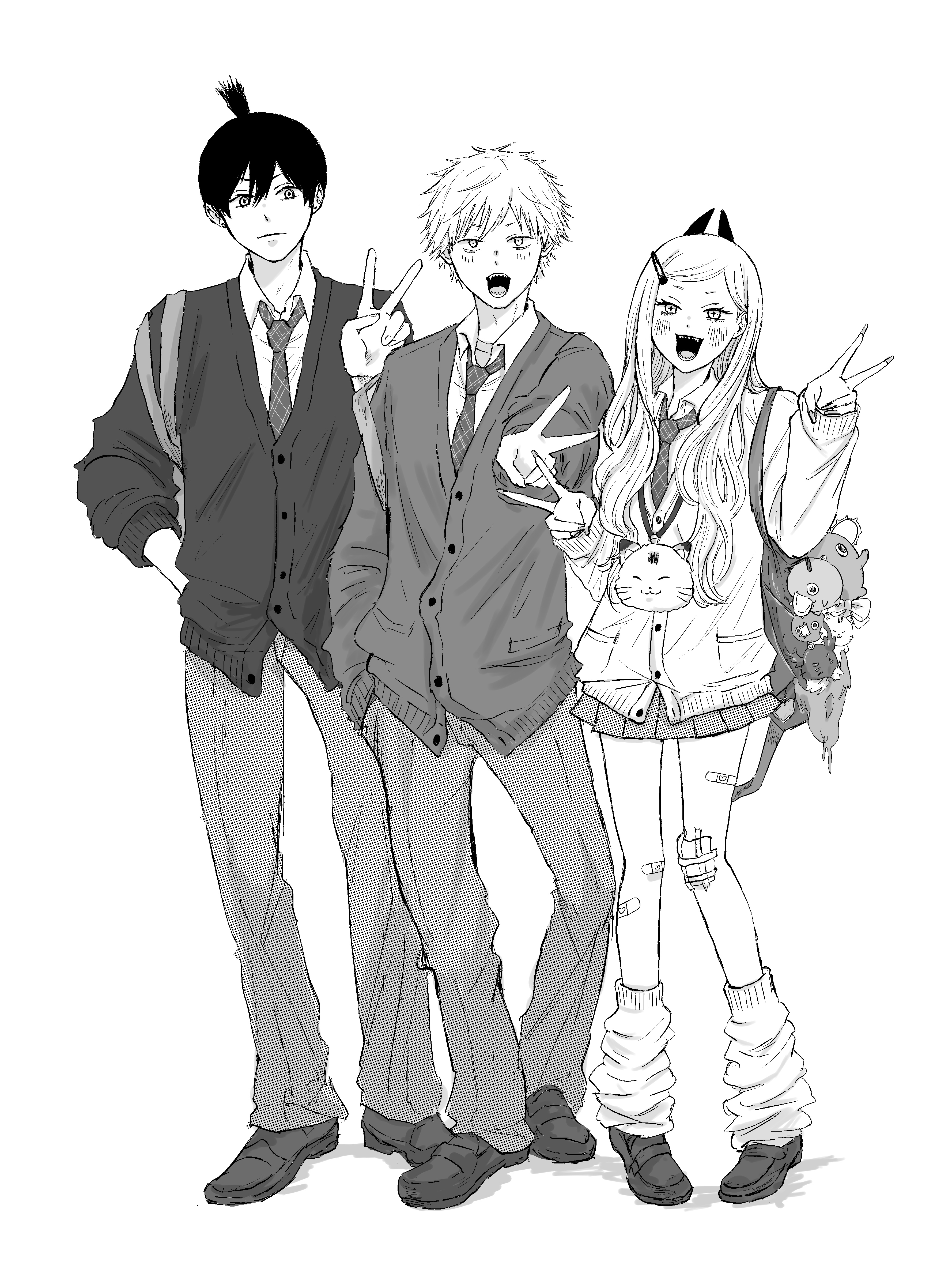 iing naoe, denji (chainsaw man), future devil (chainsaw man), hayakawa aki, pochita (chainsaw man), power (chainsaw man), chainsaw man, absurdres, highres, 1girl, 2boys, alternate costume, bandaid, bandaid on leg, blush, cardigan, character charm, charm (object), cross-shaped pupils, demon horns, double v, fingernails, foreshortening, full body, gauze on knee, greyscale, gyaru, hand in pocket, horns, kogal, loafers, long hair, looking at viewer, loose socks, miniskirt, monochrome, multiple boys, nail polish, pleated skirt, school uniform, sharp teeth, shoes, short hair, simple background, skirt, smile, socks, straight hair, symbol-shaped pupils, teeth, v, very long hair, white background