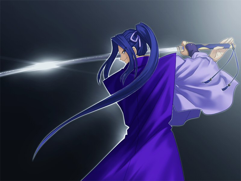 takeuchi takashi, sasaki kojirou (fate), fate/stay night, fate (series), game cg, 00s, 1boy, blue hair, gradient background, long hair, male focus, monohoshizao, ponytail, solo, sword, very long hair, weapon