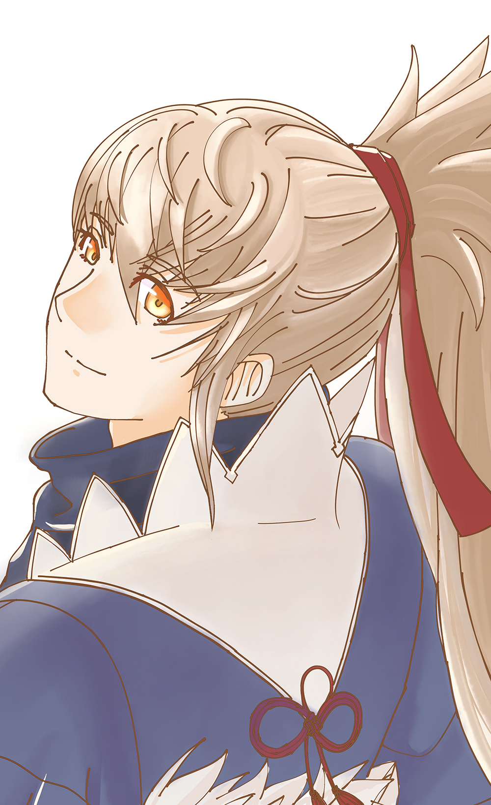 sorafuuai, takumi (fire emblem), fire emblem, fire emblem fates, nintendo, highres, 1boy, closed mouth, grey hair, japanese clothes, long hair, looking at viewer, male focus, orange eyes, ponytail, smile, solo