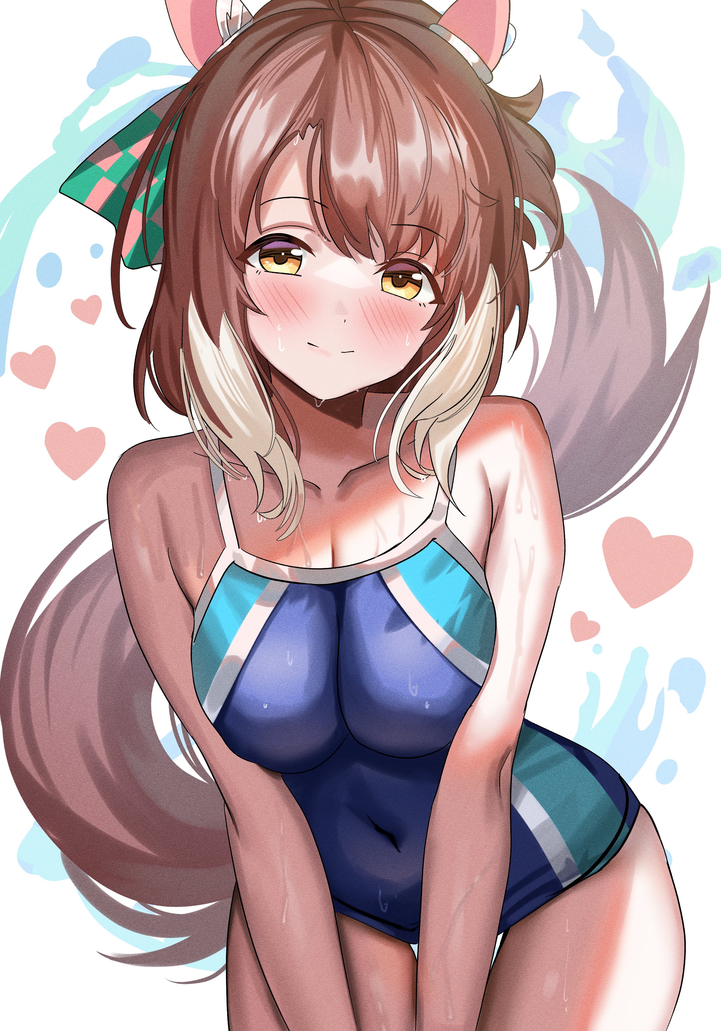 ame sagari, dantsu flame (umamusume), umamusume, absurdres, highres, 1girl, animal ears, bare arms, bare shoulders, blue one-piece swimsuit, blush, breasts, brown hair, cleavage, closed mouth, covered navel, ear covers, horse ears, horse girl, horse tail, large breasts, long hair, looking at viewer, multicolored hair, one-piece swimsuit, smile, solo, swimsuit, tail, two-tone hair, wet, white hair