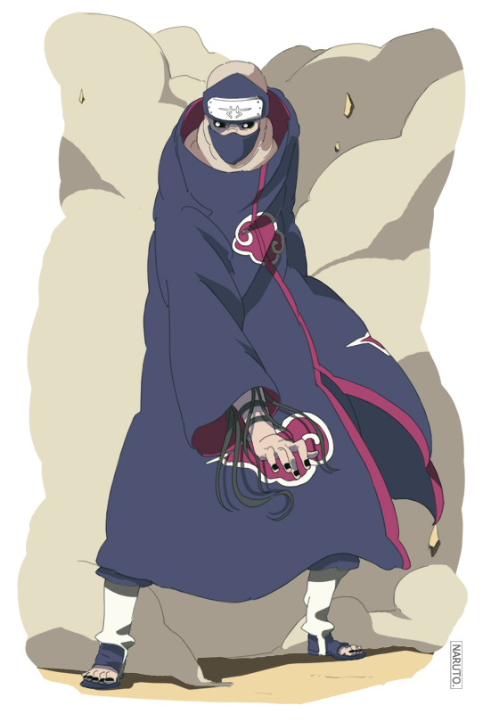 yupii, kakuzu (naruto), naruto (series), naruto shippuuden, akatsuki (naruto), black sclera, colored sclera, copyright name, dark-skinned male, dark skin, full body, headband, male focus, mask, mouth mask, nail polish, ninja, ninja mask, solo, standing, toenail polish, toenails