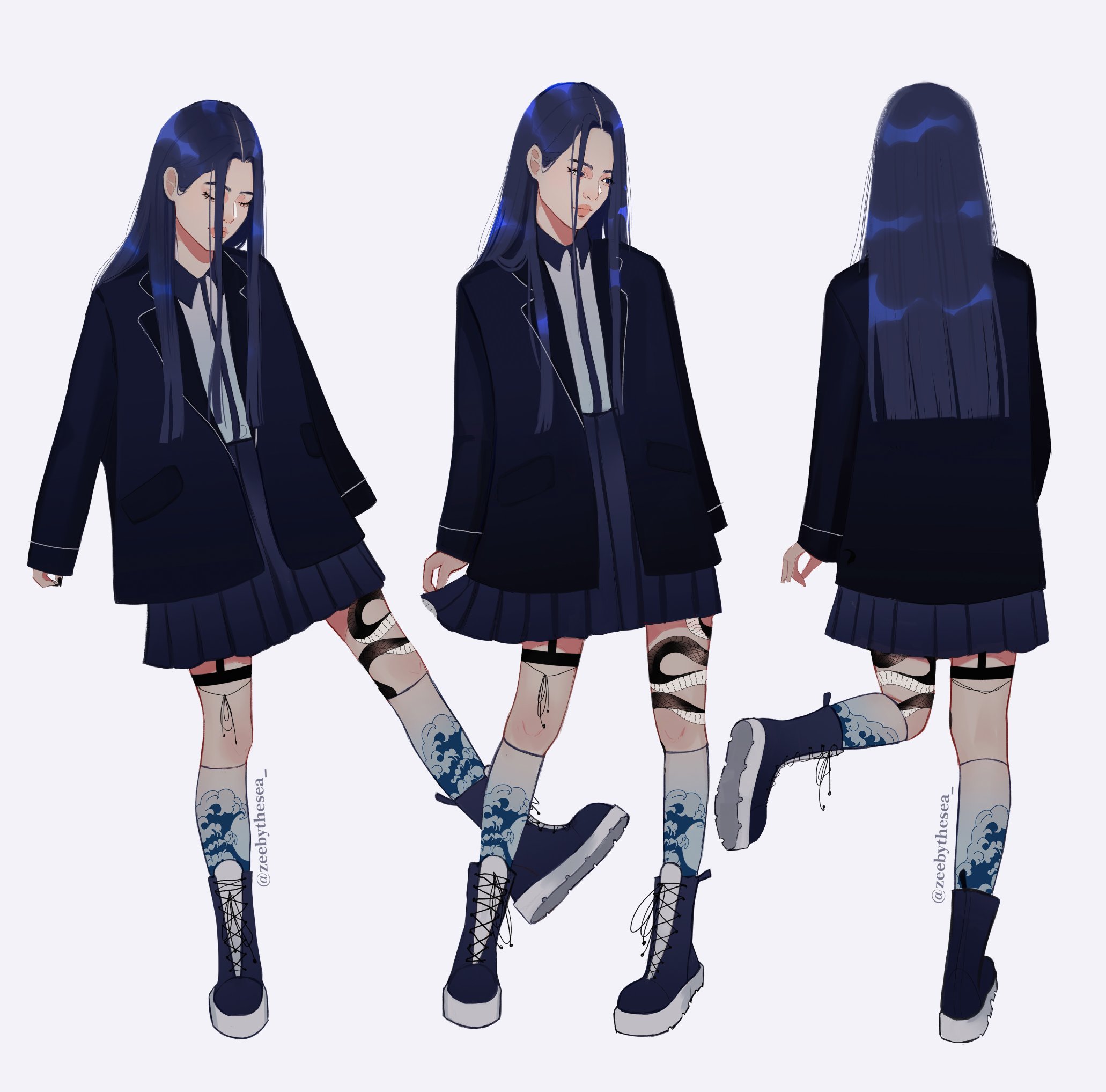 zeebythesea, umi (zeebythesea), kanagawa okinami ura, original, highres, 1girl, aegyo sal, asian, back, black eyes, blue boots, blue eyes, blue hair, blue jacket, blue skirt, blue trim, blunt ends, boots, collared shirt, eyelashes, fine art parody, hair behind ear, half-closed eyes, heterochromia, jacket, kneehighs, leg up, long hair, looking down, open clothes, open jacket, oversized jacket, parody, parted bangs, reference sheet, shirt, shirt tucked in, simple background, skirt, sleeves past wrists, socks, standing, straight hair, thick eyebrows, thick lips, thigh strap, twitter username, white background, white shirt, white socks, white trim