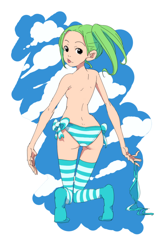 yupii, original, green hair, panties, ponytail, solo, striped clothes, striped panties, swimsuit, thighhighs, topless female, underwear
