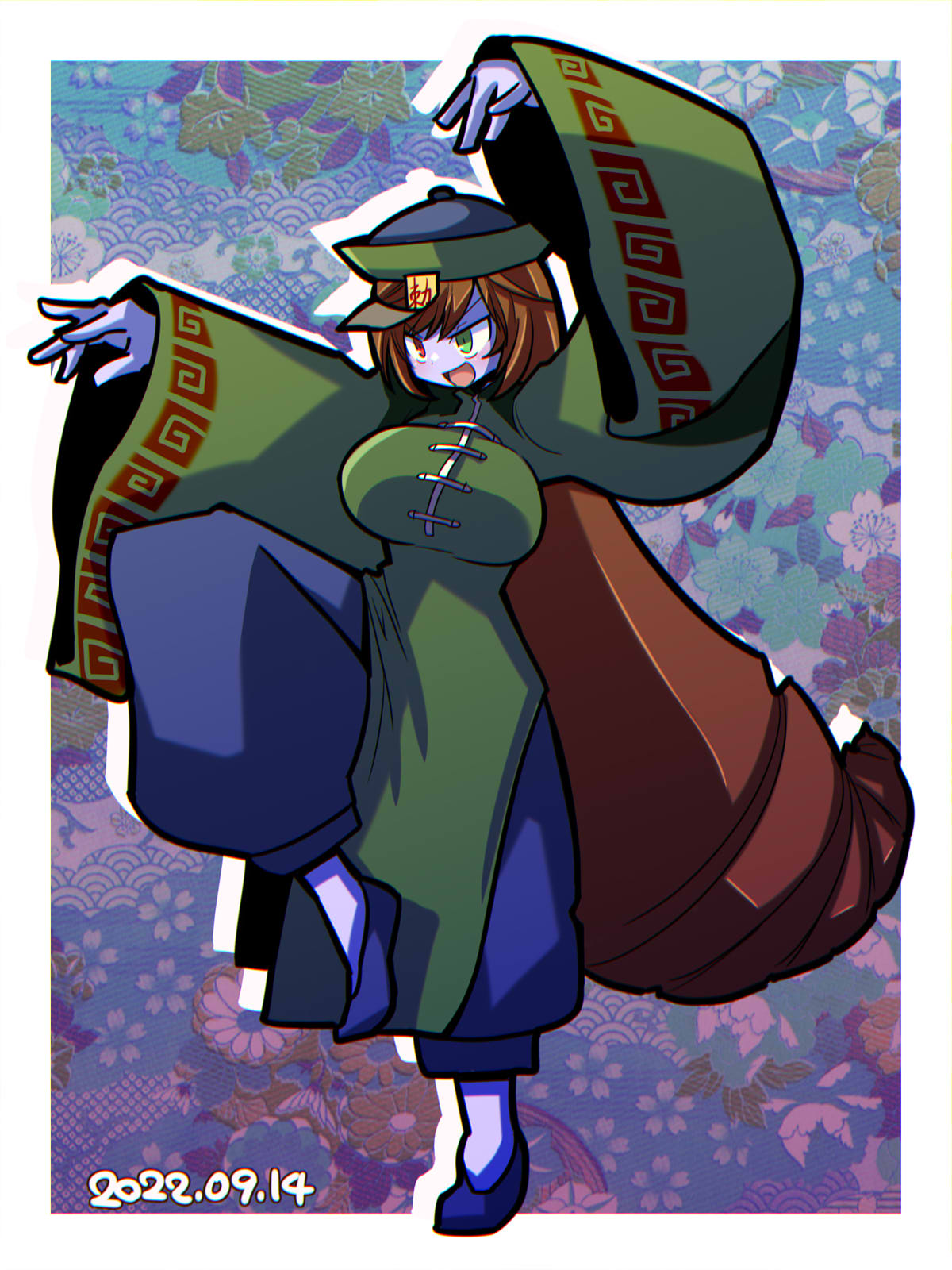 itini-sanshi, suiseiseki, rozen maiden, commentary request, highres, 1girl, :d, alternate breast size (larger), alternate costume, black pants, black shoes, blue skin, border, breasts, brown hair, china dress, chinese clothes, colored skin, crane stance, dated, dress, floral background, full body, green dress, green eyes, heterochromia, jiangshi, large breasts, long hair, long sleeves, meandros, open mouth, pants, red eyes, shoes, smile, solo, very long hair, white border, wide sleeves