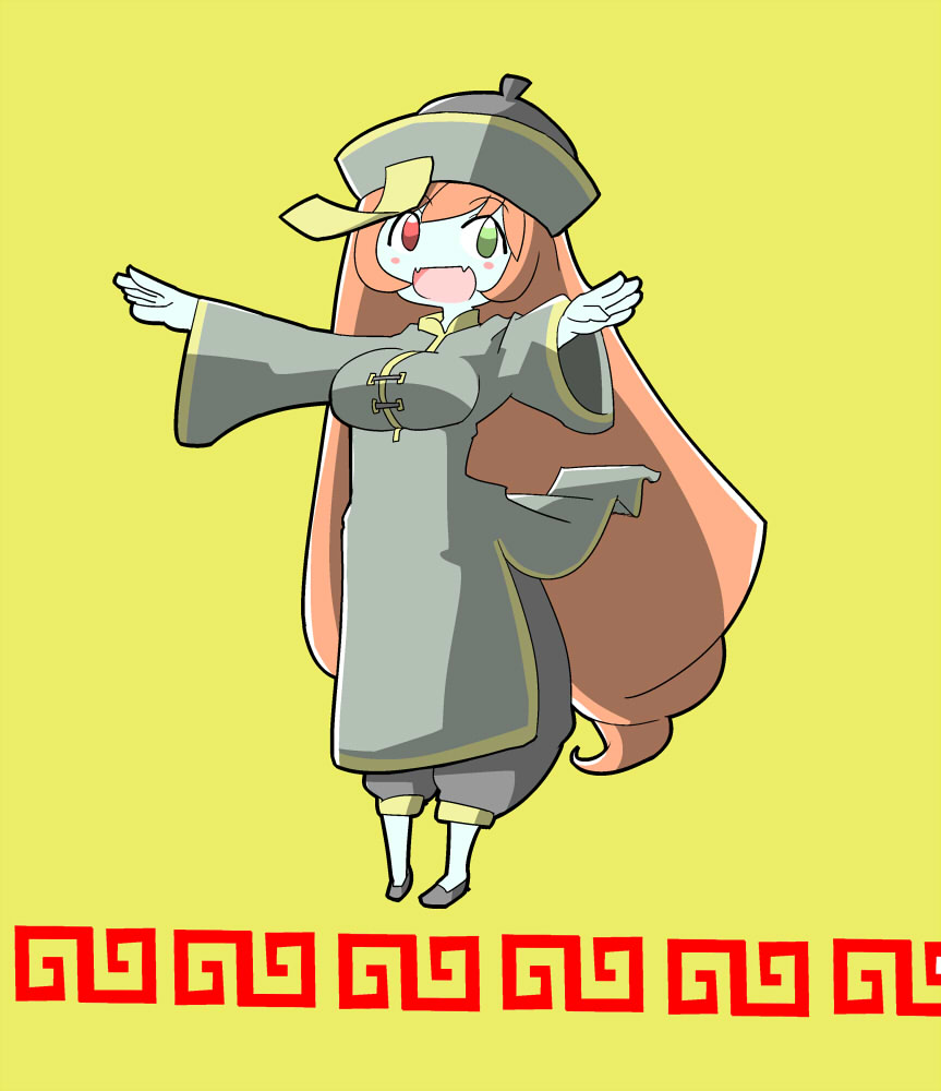 itini-sanshi, suiseiseki, rozen maiden, commentary request, 1girl, :d, alternate breast size (larger), alternate costume, black pants, black shoes, blue skin, breasts, brown hair, china dress, chinese clothes, colored skin, dress, fangs, full body, green dress, green eyes, heterochromia, jiangshi, large breasts, long hair, long sleeves, meandros, open mouth, outstretched arms, pants, red eyes, shoes, skin fangs, smile, solo, very long hair, yellow background, zombie pose