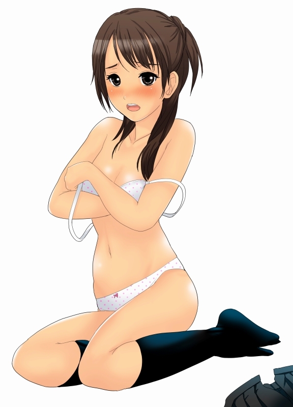 gossa-tei, original, 1girl, black socks, blush, bow, bow panties, bra, brown hair, female focus, kneehighs, lingerie, long hair, panties, polka dot, polka dot bra, polka dot panties, ponytail, socks, solo, underwear, underwear only, undressing, white bra, white panties