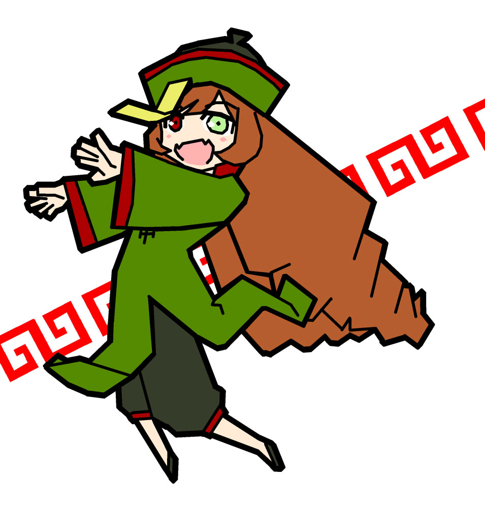 itini-sanshi, suiseiseki, rozen maiden, commentary request, 1girl, :d, alternate costume, black pants, black shoes, brown hair, china dress, chinese clothes, dress, fangs, full body, green dress, green eyes, heterochromia, jiangshi, long hair, long sleeves, looking at viewer, meandros, open mouth, outstretched arms, pants, red eyes, shoes, simple background, skin fangs, smile, solo, very long hair, white background, zombie pose