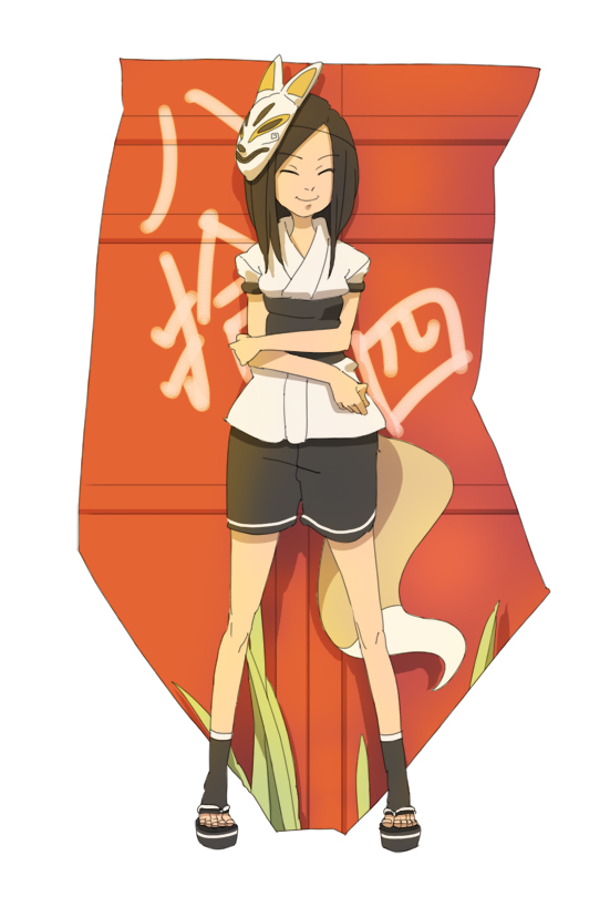 yupii, original, 1girl, black hair, female focus, fox, fox mask, fox tail, mask, solo, tail