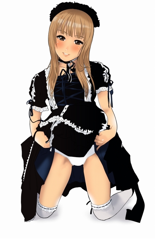 gossa-tei, original, light brown hair, 1girl, blonde hair, brown eyes, brown hair, clothes lift, dress, dress lift, female focus, gothic lolita, lolita fashion, panties, solo, thighhighs, underwear, white panties, zettai ryouiki