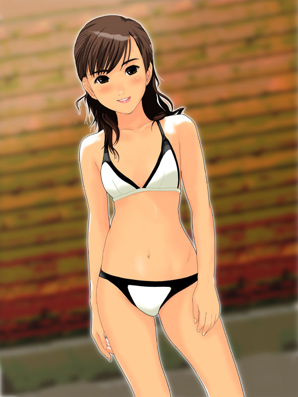 gossa-tei, original, 1girl, bikini, blush, brown hair, female focus, flat chest, long hair, smile, solo, swimsuit, white bikini