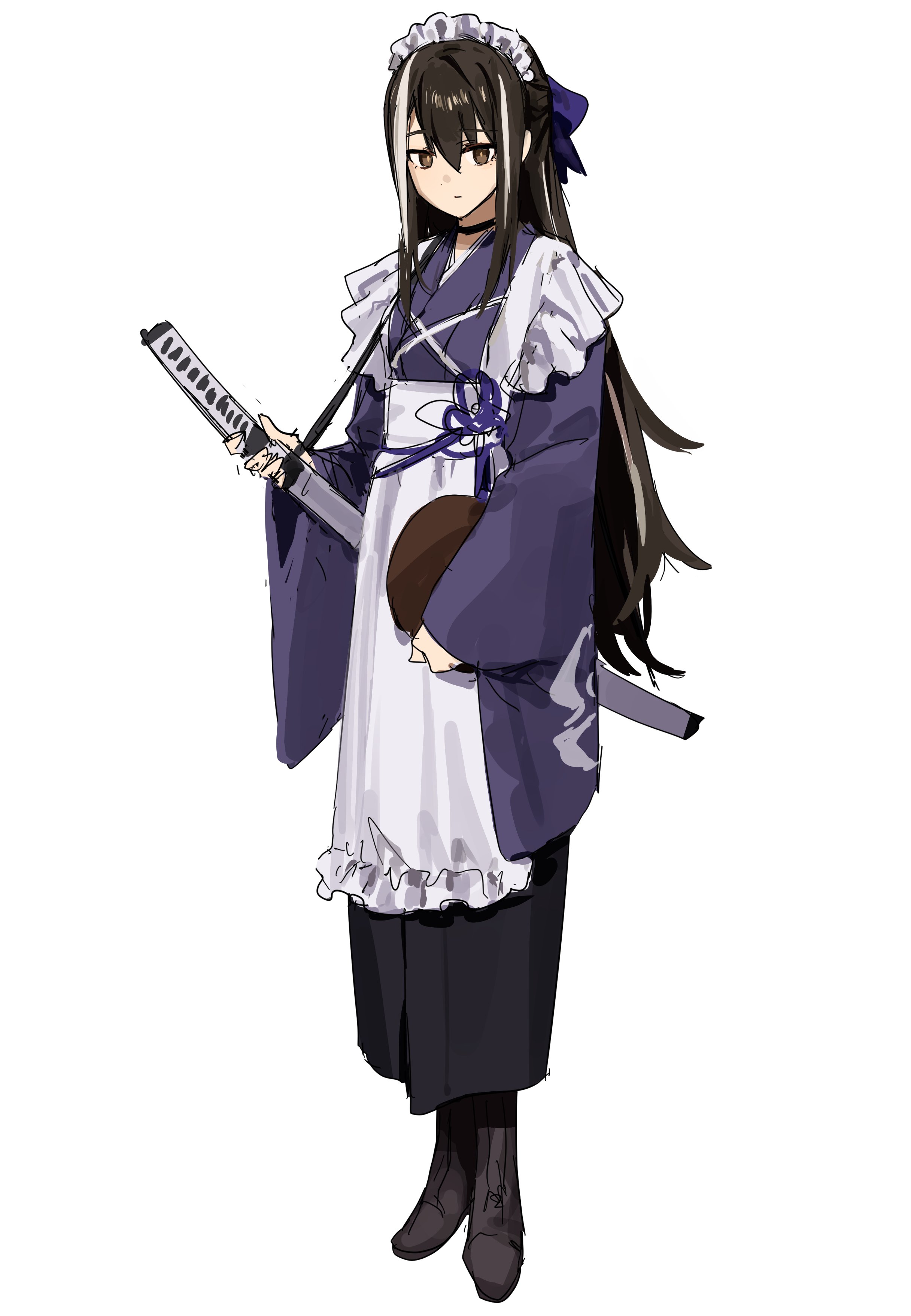 fate/grand order, fate (series), absurdres, highres, 1girl, apron, black eyes, black hair, fgo gwa, holding, holding sword, holding weapon, kawakami gensai (fate), long hair, looking at viewer, maid, maid apron, maid headdress, solo, sword, weapon, white hair