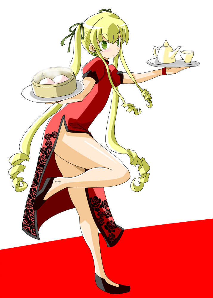 itini-sanshi, shinku, rozen maiden, commentary request, 1girl, alternate costume, black shoes, blonde hair, blush, breasts, china dress, chinese clothes, closed mouth, cup, dress, drill hair, drill sidelocks, earrings, floral print, floral print dress, full body, green eyes, green ribbon, hair ribbon, holding, holding bamboo steamer, holding tray, jewelry, long hair, looking at viewer, print dress, red background, red dress, ribbon, shoes, short sleeves, side slit, sidelocks, simple background, small breasts, smile, solo, sphere earrings, standing, standing on one leg, teacup, teapot, tray, twintails, two-tone background, very long hair, white background