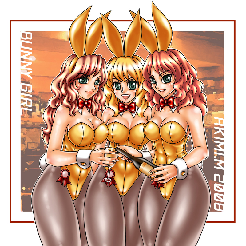 miki (akibin66), 3girls, alcohol, animal ears, blonde hair, bottle, chalice, cup, fake animal ears, green eyes, hip focus, long hair, multiple girls, pantyhose, playboy bunny, rabbit ears, red hair, wide hips, wine