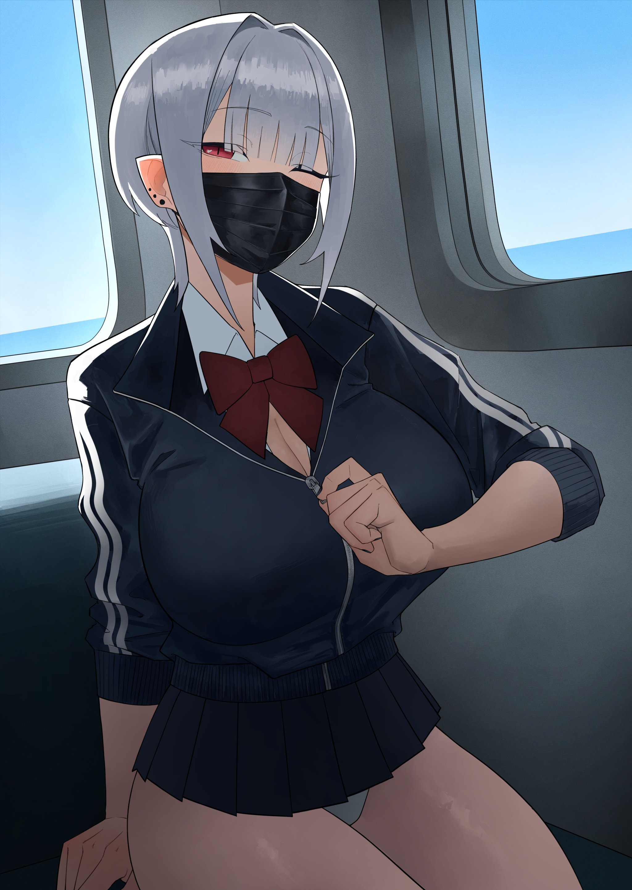 hazuki kazue, original, absurdres, highres, 1girl, :/, bare legs, black mask, black nails, blunt bangs, bob cut, bow, breasts, cleavage, collared shirt, earrings, elena (hazuki kazue), eyeliner, huge breasts, indoors, inverted bob, jacket, jewelry, looking at viewer, makeup, microskirt, narrowed eyes, one eye closed, open cleavage, panties, partially open jacket, partially open shirt, partially unzipped, pleated skirt, pointy ears, raised eyebrows, red bow, shirt, short hair, sidelocks, sitting, skirt, slit pupils, solo, thighs, track jacket, train, underwear, white hair, white panties, white shirt