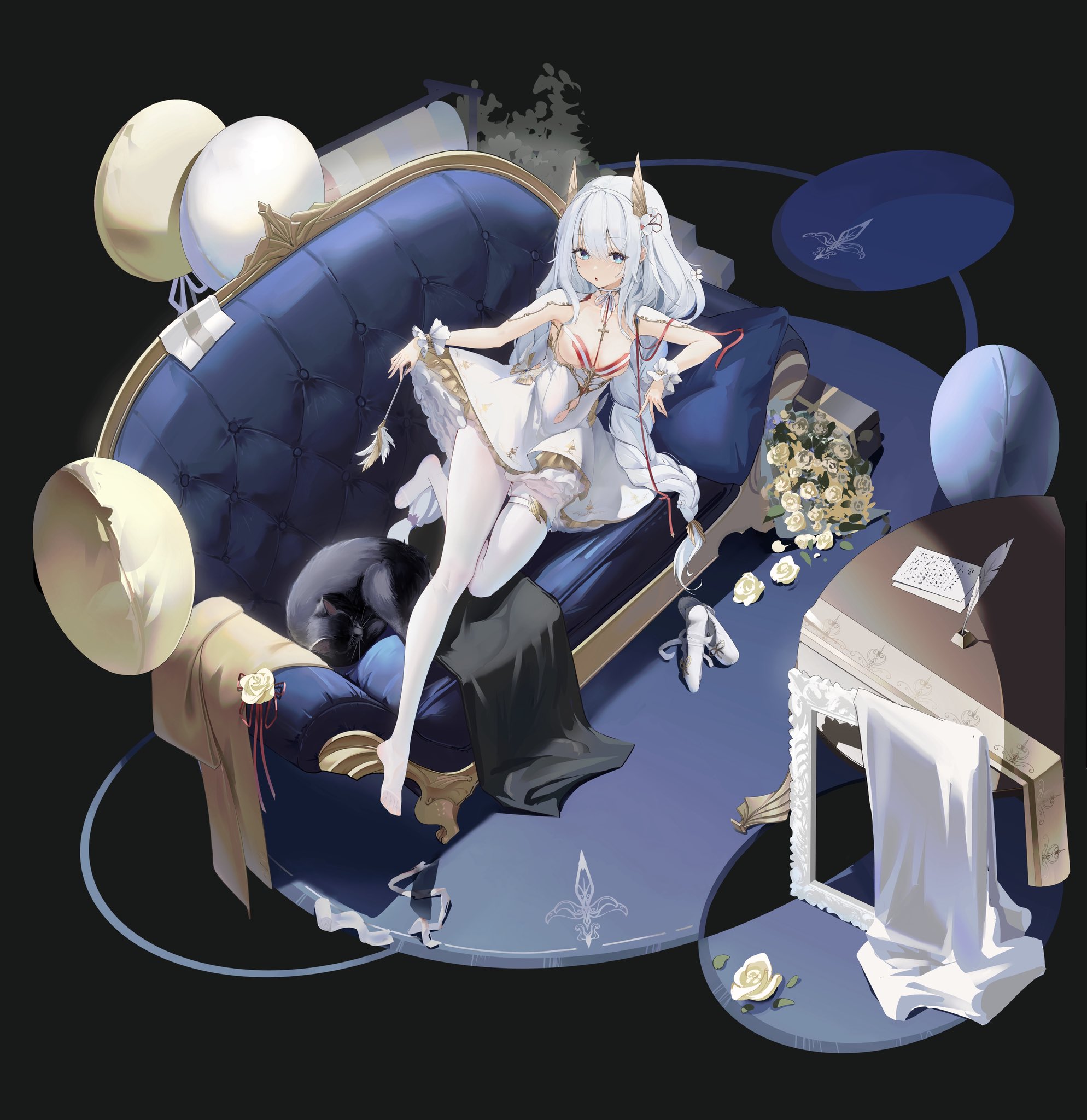 galodos, le malin (azur lane), azur lane, commentary request, highres, + +, 1girl, balloon, black cat, blue eyes, braid, breasts, cat, cat teaser, couch, dress, fleur-de-lis, flower, from above, full body, long hair, looking at viewer, looking up, on couch, pantyhose, quill, rose, shoes, sleeveless, sleeveless dress, small breasts, solo, twin braids, unworn shoes, very long hair, white dress, white flower, white hair, white pantyhose, white rose, white shoes, wrist cuffs