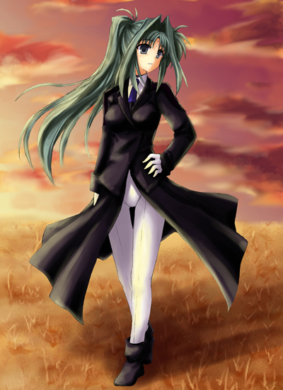 lindy harlaown, lyrical nanoha, mahou shoujo lyrical nanoha, mahou shoujo lyrical nanoha a's, non-web source, 00s, 1girl, boots, facial mark, female focus, forehead mark, green eyes, green hair, long hair, matching hair/eyes, military, military uniform, necktie, panties, pantyshot, ponytail, solo, underwear, very long hair, white panties