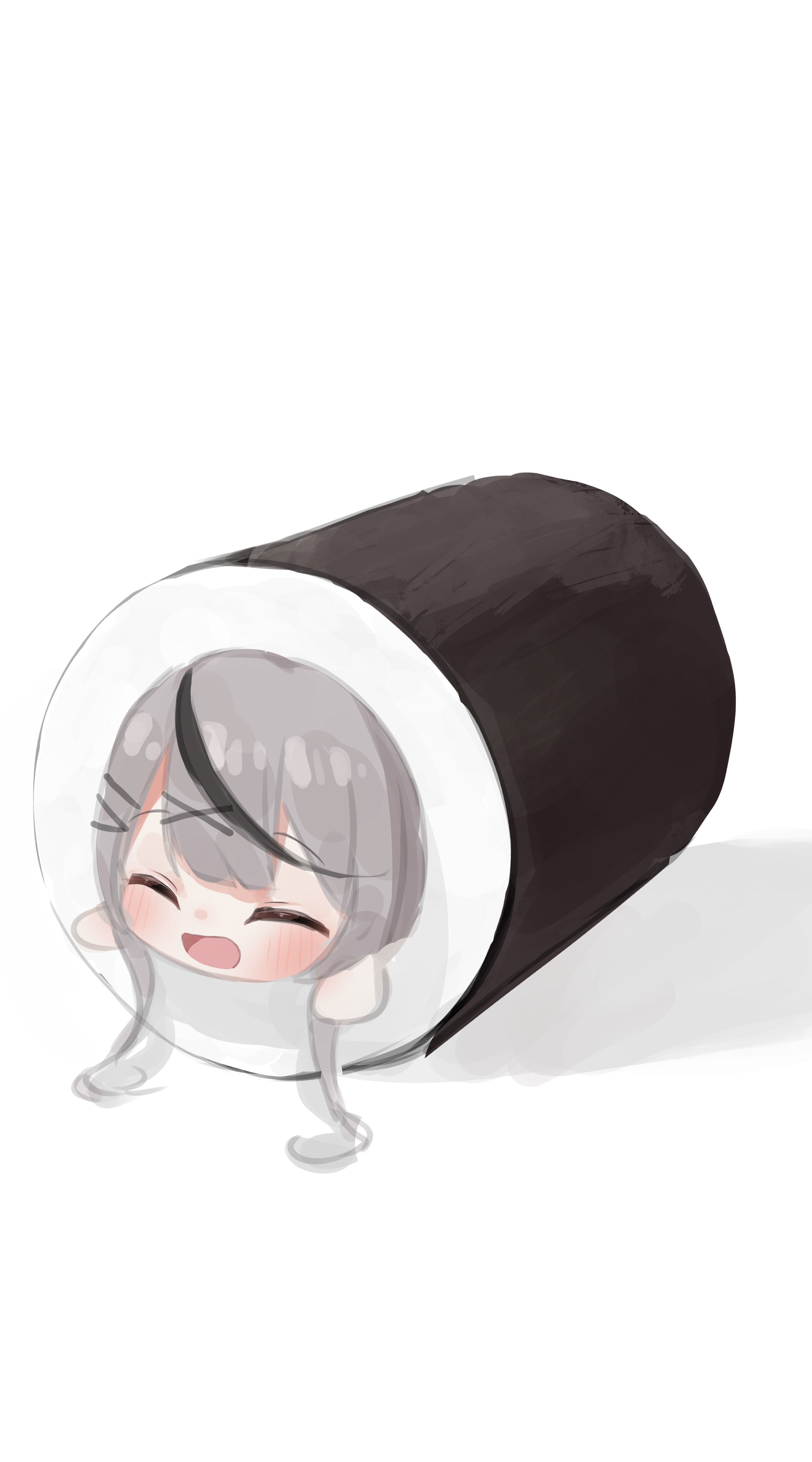 nema 029, sakamata chloe, hololive, absurdres, highres, 1girl, :d, black hair, chibi, chibi only, closed eyes, food, grey hair, hair ornament, light blush, makizushi, multicolored hair, open mouth, simple background, smile, solo, sushi, virtual youtuber, x hair ornament