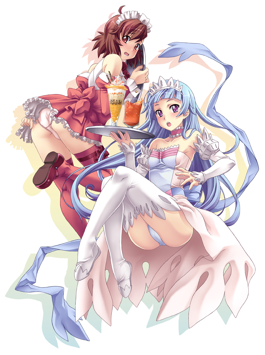 nagayori, aoba tsugumi, nagi, kannagi, red legwear, white legwear, highres, 00s, 2girls, ahoge, ass, blue hair, blunt bangs, brown hair, covering ass, covering privates, drink, leg ribbon, legs, long hair, maid, maid headdress, mary janes, multiple girls, panties, pantyshot, pink panties, ribbon, shoes, short hair, thigh ribbon, thighhighs, tray, underwear, upskirt, very long hair, waitress, white panties