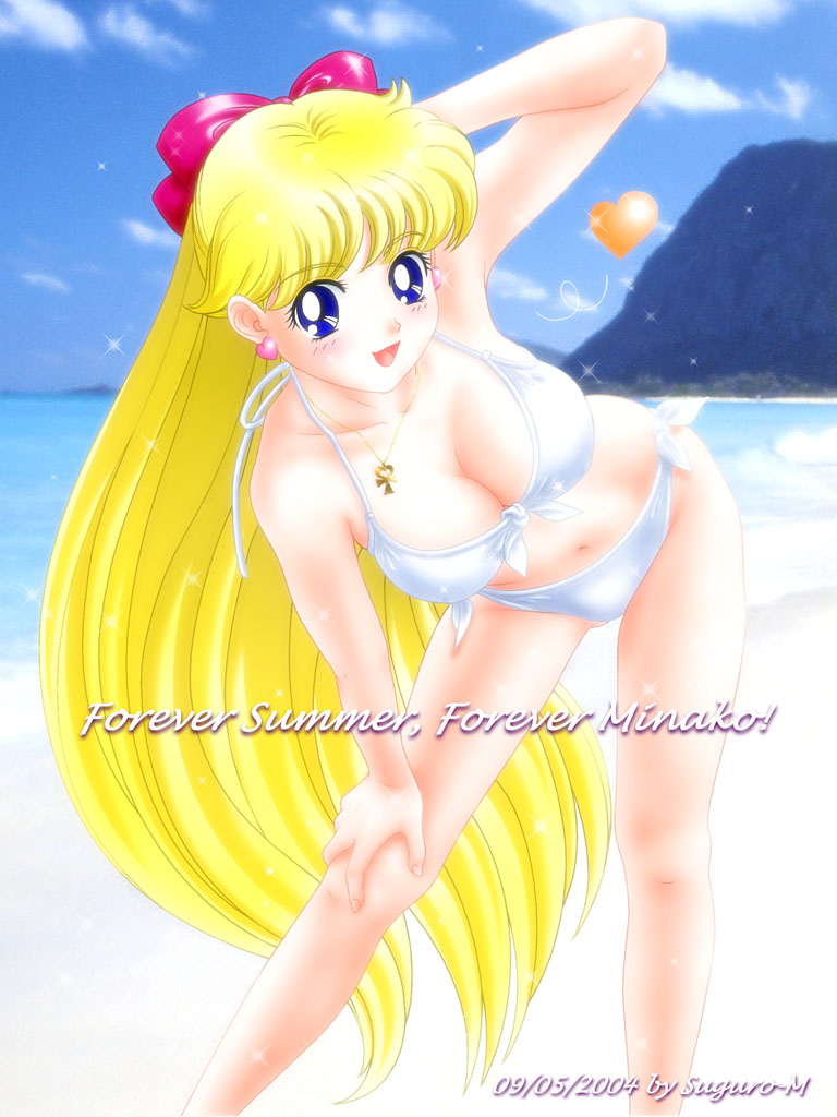 suguro-m, twkr (suguro-m), aino minako, bishoujo senshi sailor moon, md5 mismatch, 00s, 1990s (style), 1girl, 2004, artist name, beach, bikini, blonde hair, blue eyes, blush, bow, breasts, cleavage, dated, day, earrings, female focus, hair bow, half updo, heart, jewelry, large breasts, long hair, necklace, ocean, outdoors, pendant, red bow, retro artstyle, side-tie bikini bottom, solo, sparkle, swimsuit, venus symbol, very long hair, white bikini