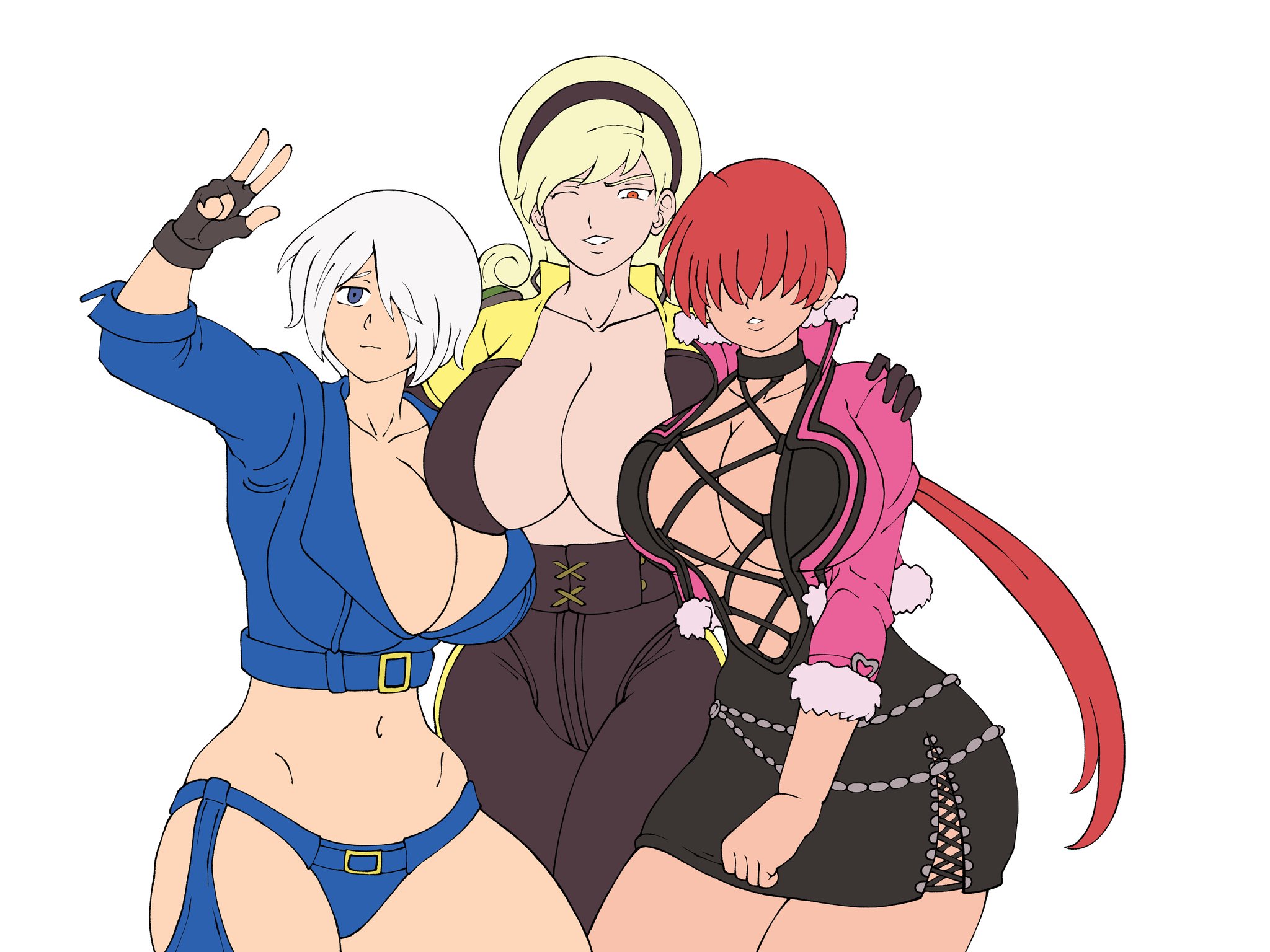 yamidanight, angel (kof), lien neville, shermie (kof), the king of fighters, 3girls, blonde hair, blue eyes, bodysuit, breasts, cleavage, cleavage cutout, clothing cutout, coat, curly hair, curvy, dress, female focus, fishnets, fluffy, gloves, hug, huge breasts, jacket, large breasts, leather, long hair, looking at viewer, multiple girls, no bra, one eye closed, pale skin, panties, red eyes, red hair, short hair, skirt, smile, smiley face, thick thighs, thighs, underboob, underwear, white hair, wide hips