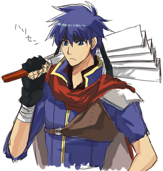 ike (fire emblem), fire emblem, fire emblem: path of radiance, fire emblem: radiant dawn, nintendo, super smash bros., lowres, blue eyes, blue hair, cape, gloves, hand fan, harisen, headband, male focus, paper fan, solo