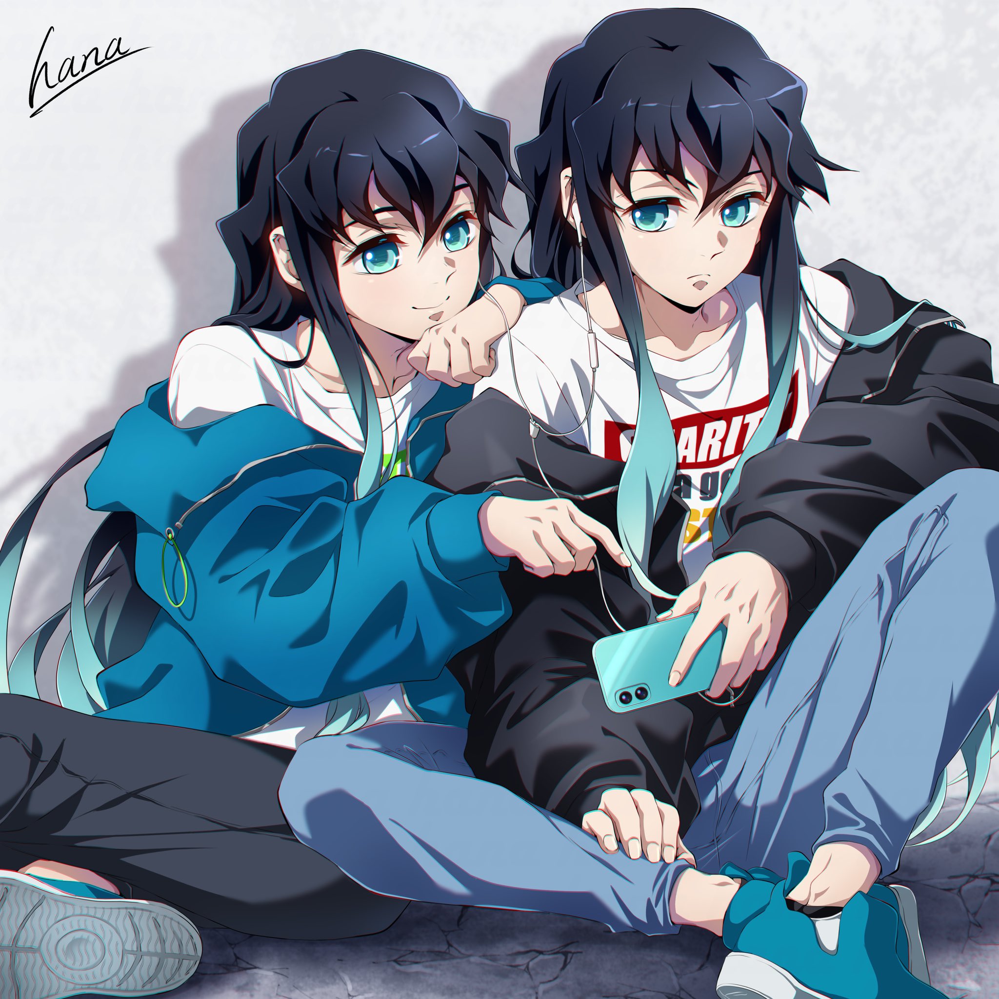 hana ni nare, tokitou muichirou, tokitou yuichirou, kimetsu no yaiba, highres, 2boys, alternate costume, aqua eyes, aqua hair, aqua jacket, aqua shoes, black hair, black jacket, black pants, blue pants, brothers, cellphone, closed mouth, gradient hair, headphones, holding, holding phone, jacket, long hair, long sleeves, male focus, multicolored hair, multiple boys, pants, phone, shirt, shoes, siblings, smartphone, smile, twins, two-tone hair, white shirt