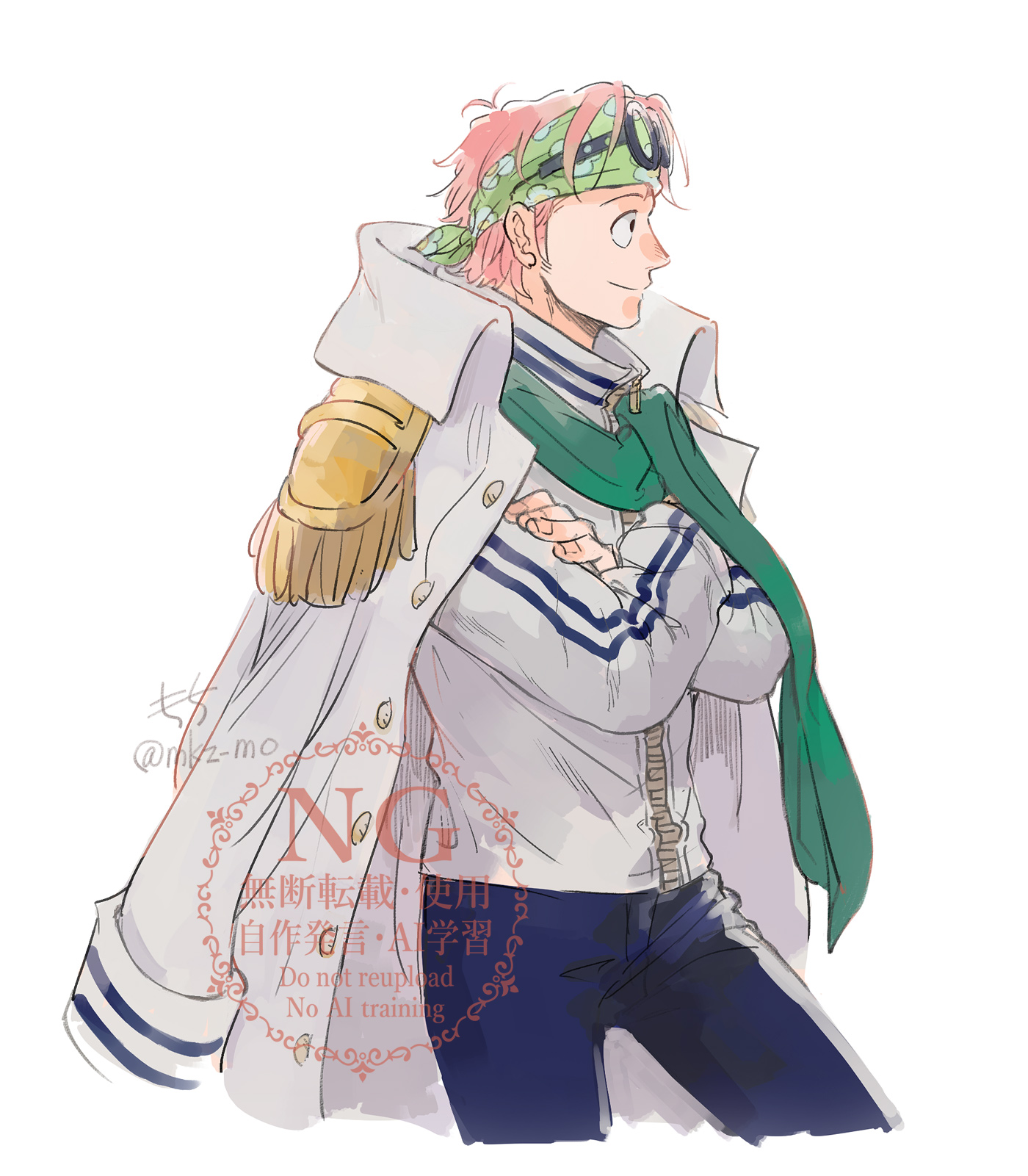 mocchi (mkz), koby (one piece), one piece, highres, 1boy, closed mouth, coat, coat on shoulders, cropped legs, crossed arms, eyewear on head, fingernails, male focus, pants, pink hair, short hair, sideburns, simple background, smile, solo, watermark, white background