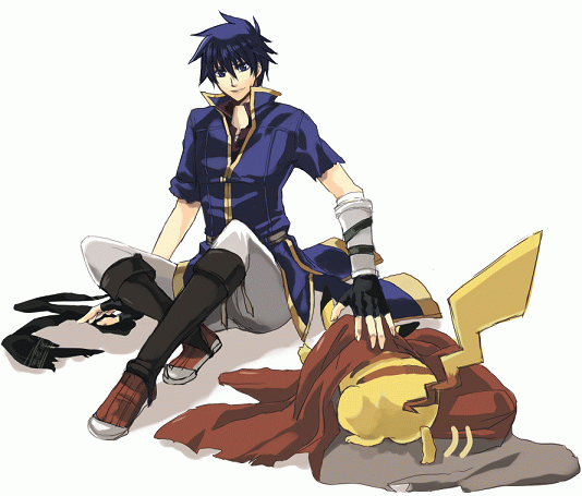 ike (fire emblem), pikachu, fire emblem, fire emblem: path of radiance, nintendo, pokemon, super smash bros., source request, 1boy, blue eyes, blue hair, cape, crossover, gen 1 pokemon, gloves, male focus, pokemon (creature)